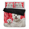 Valentine's Day Special Maltese Print On Red Rose Bedding Set