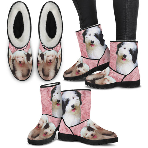 Cute Old English Sheepdog Print Faux Fur Boots For Women