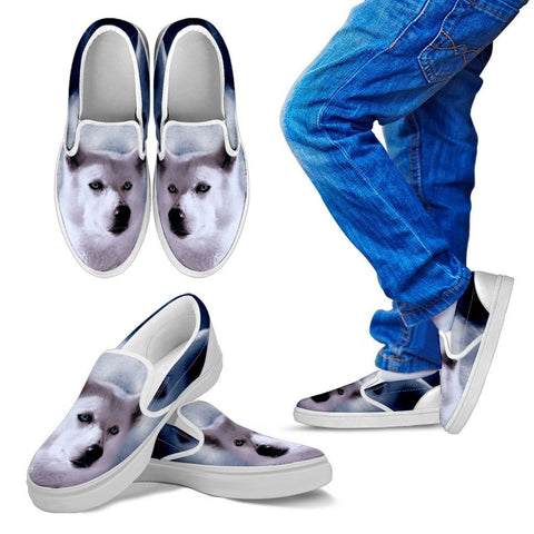 White Husky Print Slip Ons For Kids Express Shipping