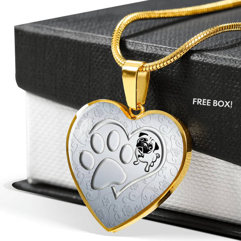 Pug Paws Print Heart Pendant Luxury Necklace