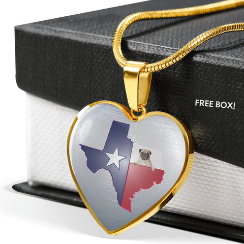 Pug Dog Texas Print Heart Pendant Luxury Necklace