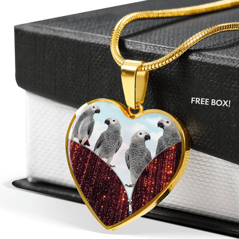 African Grey Parrot Print Heart Charm Necklace