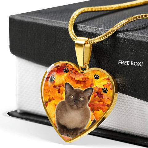 Burmese Cat Print Heart Pendant Luxury Necklace