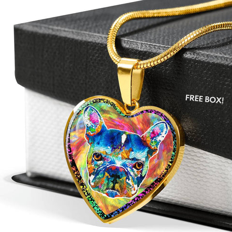 Colorful French Bulldog Print Heart Charm Necklaces