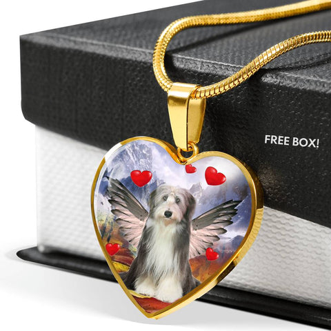 Bearded Collie With Wing Print Heart Pendant Luxury Necklace