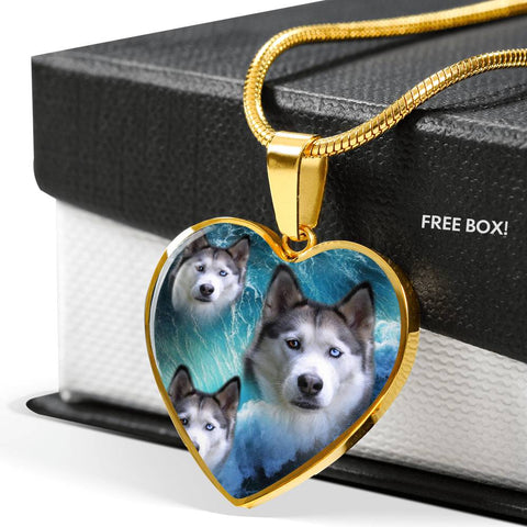 Siberian Husky Print Heart Charm Necklace