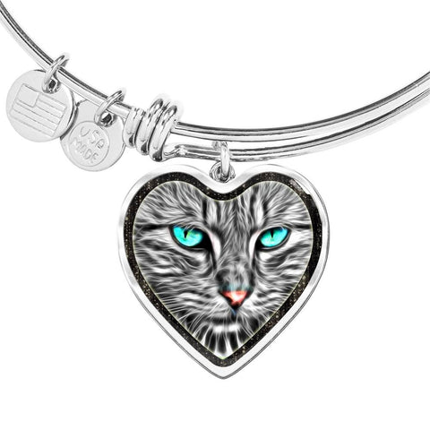 Blue Eyes Cat Print Heart Pendant Bangle