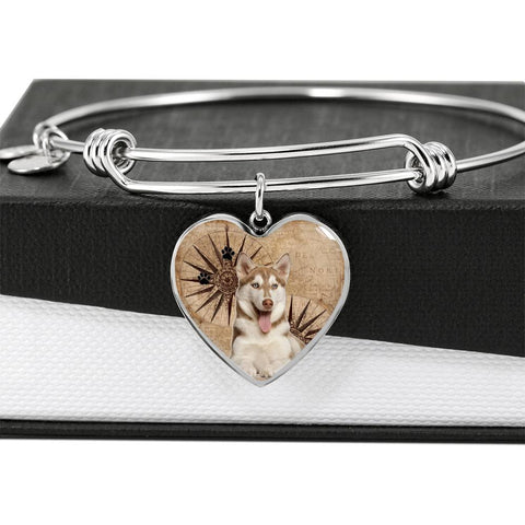 Cute Siberian Husky Print Luxury Heart Charm Bangle