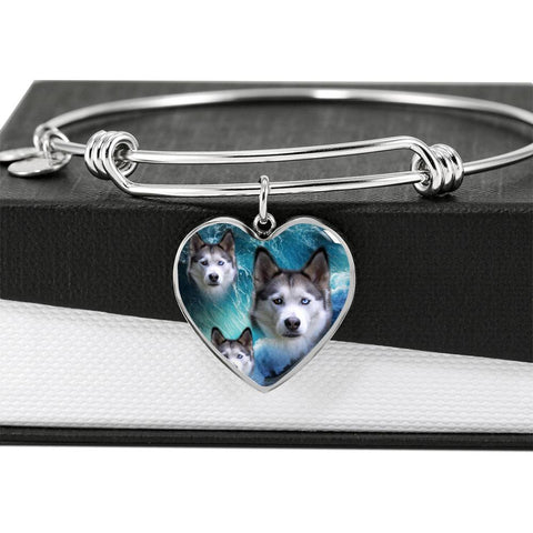 Siberian Husky Print Luxury Heart Charm Bangle