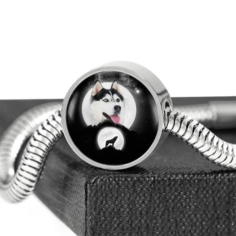 Siberian Husky Dog Print Circle Charm Steel Bracelet