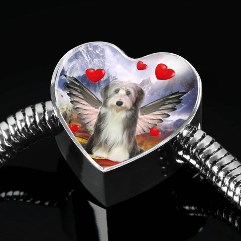 Bearded Collie Print Heart Charm Steel Bracelet