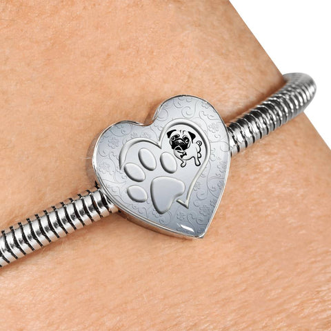 Pug Paws Print Heart Charm Steel Bracelet