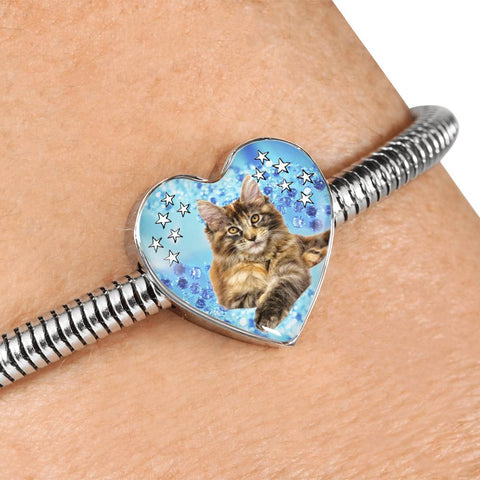 Maine Coon Cat Print Heart Charm Steel Bracelet