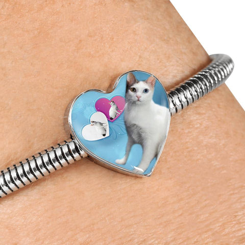 Japanese Bobtail Cat Print Heart Charm Steel Bracelet