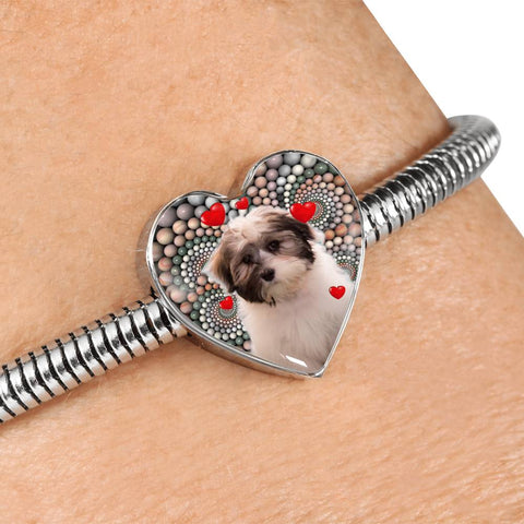 Cute Havanese Dog Print Heart Charm Steel Bracelet