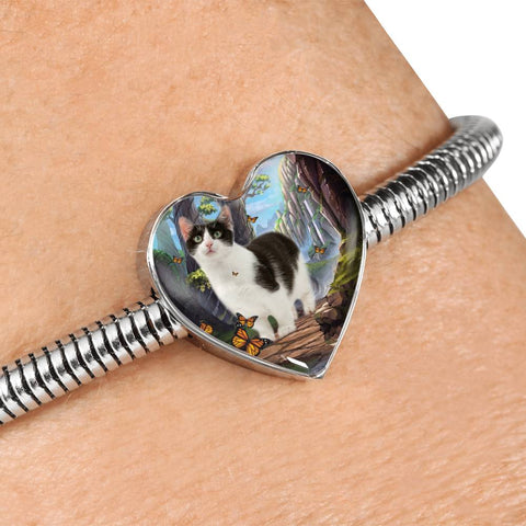 Munchkin cat Print Heart Charm Steel Bracelet