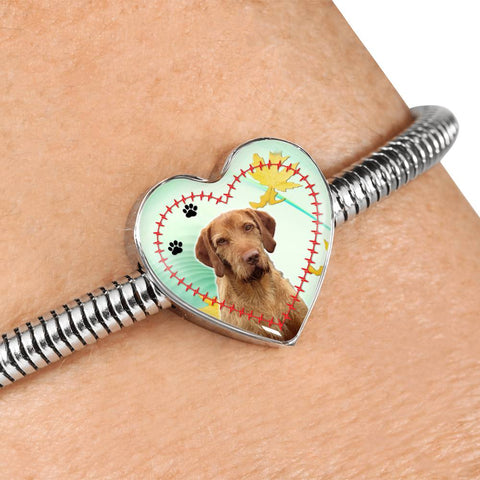 Cute Wirehaired Vizsla Print Heart Charm Steel Bracelet