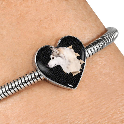 Siberian Husky Dog 3D Print Heart Charm Steel Bracelet