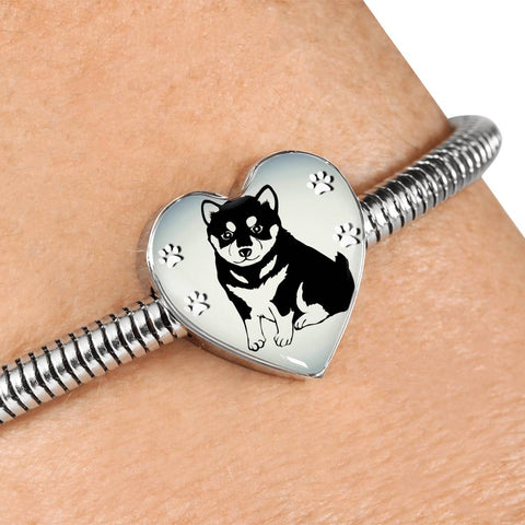 Shiba Inu Dog Print Heart Charm Steel Bracelet