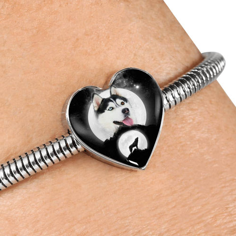 Siberian Husky Dog Print Heart Charm Steel Bracelet