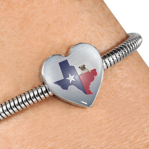 Pug Dog Texas Print Heart Charm Steel Bracelet
