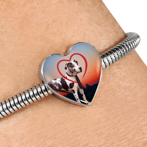 Lovely Great Dane Print Heart Charm Steel Bracelet