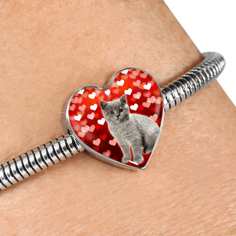 British Shorthair Cat Print Heart Charm Steel Bracelet