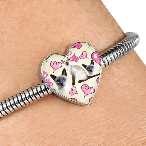 Siamese Cat Print Heart Charm Steel Bracelet