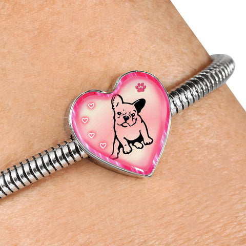 Cute French Bulldog Print Heart Charm Steel Bracelet