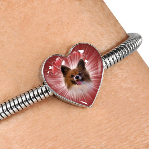Papillon Dog Print Heart Charm Steel Bracelet
