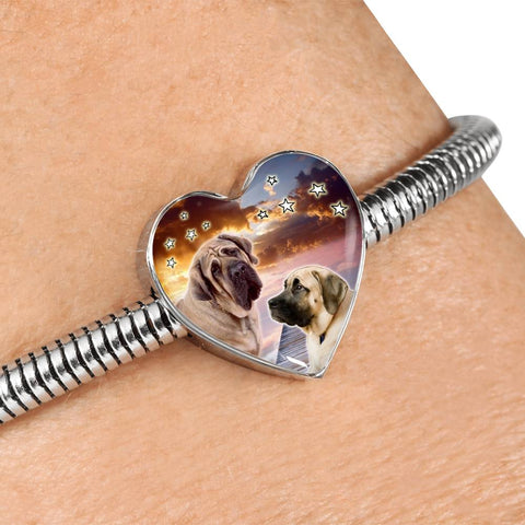 English Mastiff Print Heart Charm Steel Bracelet