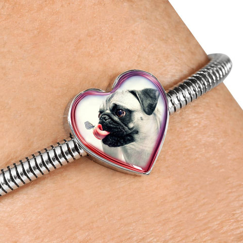 Cute Pug Dog Print Heart Charm Steel Bracelet