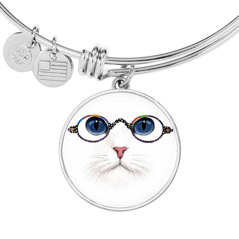 Cute Cat With Glasses Print Circle Pendant Luxury Bangle