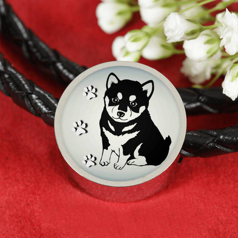 Shiba Inu Dog Print Circle Charm Leather Woven Bracelet