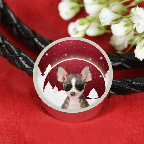 Chihuahua Print Circle Charm Leather Bracelet