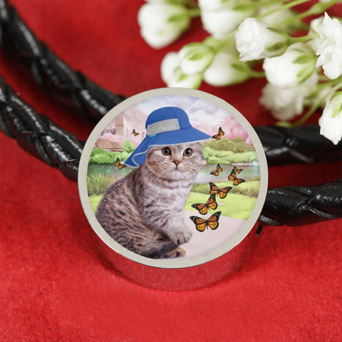 Scottish Fold Cat Print Circle Charm Leather Bracelet