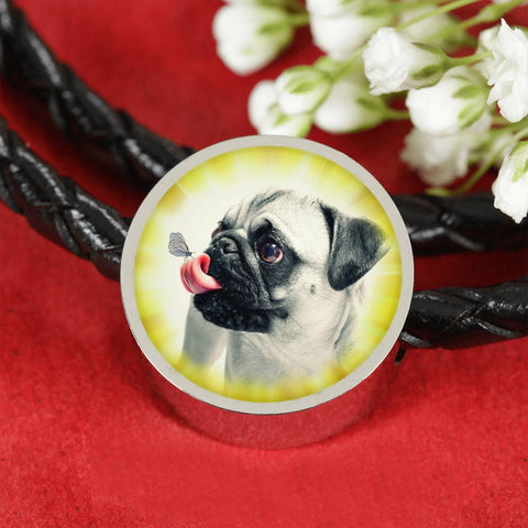 Cute Pug Dog Print Circle Charm Leather Woven Bracelet