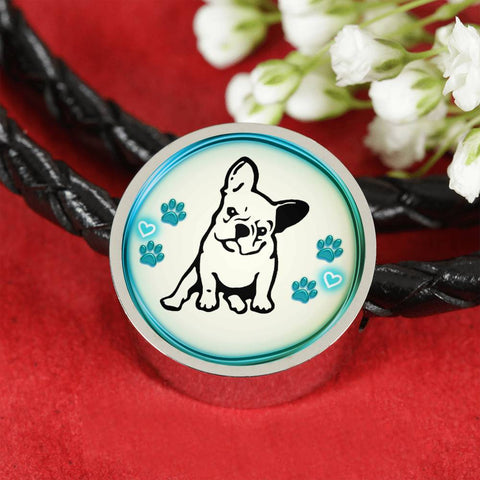 Cute French Bulldog Print Circle Charm Leather Woven Bracelet