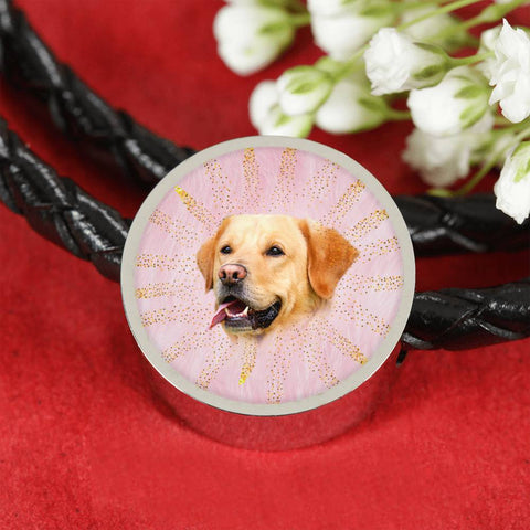 Labrador Retriever Dog Print Circle Charm Leather Woven Bracelet