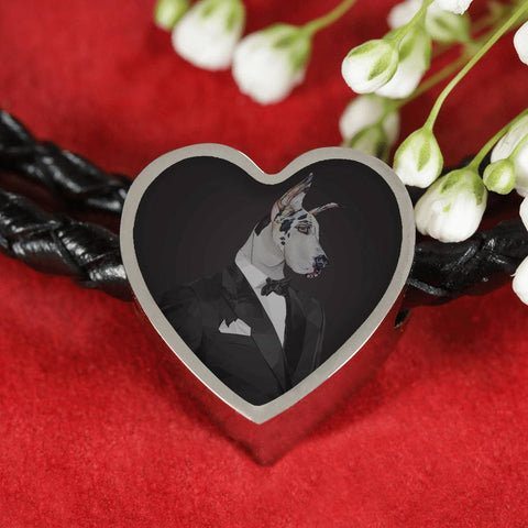 Amazing Great Dane Dog Print Heart Charm Leather Bracelet
