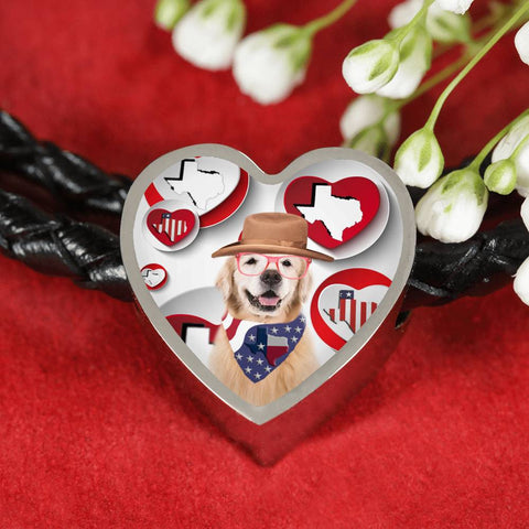 Golden Retriever Print Texas Heart Charm Leather Bracelet