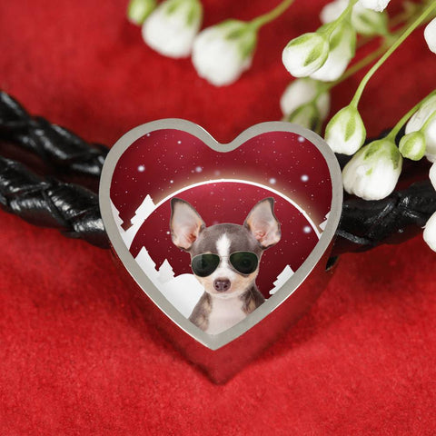 Chihuahua Print Heart Charm Leather Bracelet