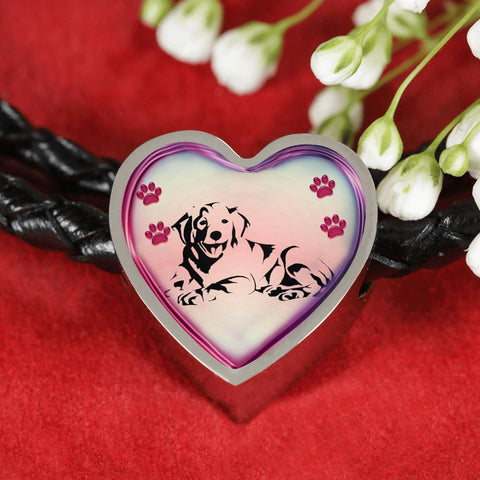 Golden Retriever Dog Print Heart Charm Leather Woven Bracelet