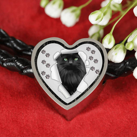 Nebelung Cat Print Heart Charm Leather Woven Bracelet