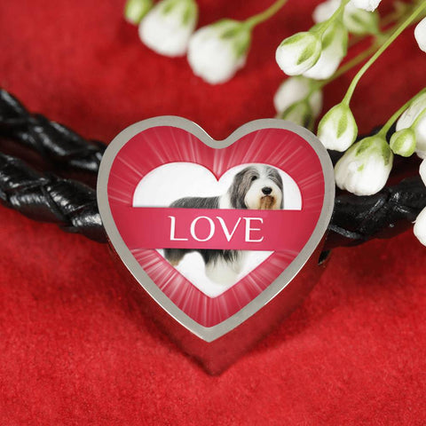 Bearded Collie Dog Print Heart Charm Leather Bracelet