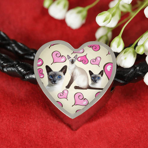 Siamese Cat Print Heart Charm Leather Bracelet