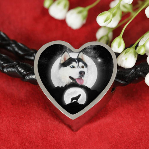 Siberian Husky Dog Print Heart Charm Leather Bracelet