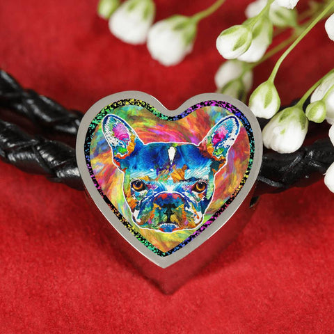 Colorful French Bulldog Heart Charm Leather Woven Bracelet