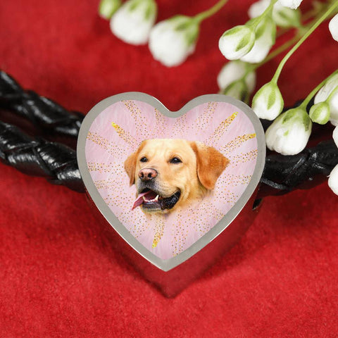 Labrador Retriever Dog Print Heart Charm Leather Woven Bracelet