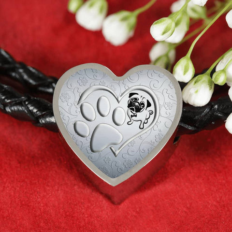 Pug Paws Print Heart Charm Leather Bracelet